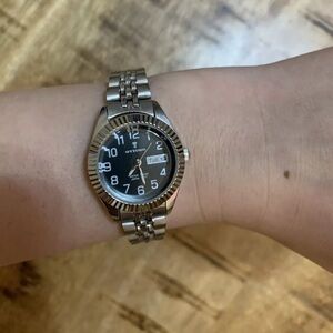 NEW Ottimo Ladies Round Black Date Dial Water Proof Silver Linked Band